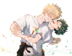 2boys adam&#039;s_apple bakugou_katsuki belt black_belt black_pants blonde_hair blush boku_no_hero_academia bracelet closed_eyes commentary cowboy_shot crew_neck facial_scar freckles green_hair grey_pants grin head_back highres holding_hands interlocked_fingers jewelry male_focus midoriya_izuku multiple_boys multiple_scars open_mouth pants print_shirt scar scar_on_arm scar_on_cheek scar_on_face shirt shirt_tucked_in short_hair short_sleeves smile symbol-only_commentary teeth tongue white_background white_shirt yaoi yezei_0224