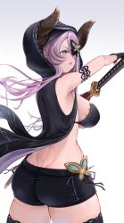 1girl alternate_costume ass bare_shoulders black_shorts blue_eyes blush bra breasts butt_crack dimples_of_venus eyepatch fighting_stance from_behind gloves granblue_fantasy hair_over_one_eye highres hood horns huge_ass large_breasts long_hair narmaya_(granblue_fantasy) narmaya_(the_black_butterfly)_(granblue_fantasy) open_mouth pink_hair pizzicato_il ready_to_draw sheath sheathed short_shorts shorts sideboob solo sword thick_thighs thighhighs thighs underwear weapon