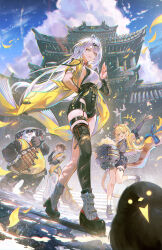 +++ 2boys 2girls ahoge architecture arm_behind_back armlet bird black_bird black_shorts black_thighhighs blue_sky boots breasts brown_hair chromatic_aberration commentary day east_asian_architecture english_commentary fingernails green_eyes grey_shirt hair_ornament hand_up high-waist_shorts highres holding jacket jessica_wijaya jewelry ju_fufu large_breasts looking_at_viewer multiple_boys multiple_girls outdoors pan_yinhu panda_boy parted_lips shirt shorts single_hair_intake single_thighhigh sky smile thighhighs thighs white_boots white_shirt ye_shiyuan yellow_jacket yellow_leaves yixuan_(zenless_zone_zero) zenless_zone_zero