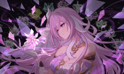 1girl absurdres aichinaigai breasts broken_glass cleavage closed_mouth crystal_flower crystal_shards elysia_(herrscher_of_human:_ego)_(honkai_impact) elysia_(honkai_impact) glass gloves highres honkai_(series) honkai_impact_3rd long_hair pink_eyes pink_hair pink_pupils shirt smile solo space triquetra upper_body veil very_long_hair white_gloves white_shirt white_veil