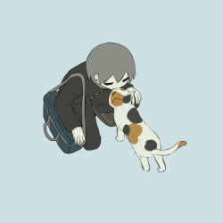 1boy 1other absurdres animal animal_ears avogado6 bag black_fur black_jacket black_pants blue_background brown_shoes buttons calico_(pattern) calico_cat cat cat_ears cat_tail closed_eyes commentary grey_hair hair_between_eyes highres jacket kiss kneeling long_sleeves medium_hair multicolored_fur orange_fur original pants school_bag school_uniform shoes simple_background sleeves_past_wrists smile tail white_fur