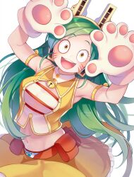 1girl animal_hands armlet armpits bell belt_pouch birthday boku_no_hero_academia buttons chikuwa_savy commentary frills gloves green_hair highres jewelry long_hair looking_at_viewer navel open_mouth parted_bangs paw_gloves pouch ragdoll_(boku_no_hero_academia) shirt signature skirt sleeveless sleeveless_shirt small_pupils very_big_eyes very_long_hair white_background yellow_shirt yellow_skirt