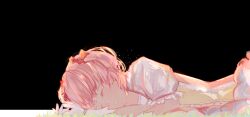 1girl absurdres closed_eyes dress hachibunsaki highres kaname_madoka kaname_madoka_(magical_girl) lying magical_girl mahou_shoujo_madoka_magica medium_hair on_side pink_dress short_twintails solo twintails