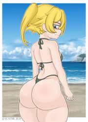 1girl alatir annoyed artist_name ass beach bikini blonde_hair blue_eyes blue_sky blush border breasts closed_mouth cowboy_shot day embarrassed eyelashes female_focus from_behind green_bikini huge_ass kyojiri_loli loli looking_at_viewer looking_back medium_hair ocean outdoors ponytail sand sky small_breasts solo standing swimsuit tanya_degurechaff thong water white_border wide_hips youjo_senki
