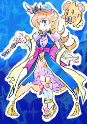 Rule 34 | 1girl, back bow, beads, blonde hair, blue background, blue bridal gauntlets, blue dress, blue eyes, blue sleeves, blue socks, bow, closed mouth, clothing cutout, commentary, cosplay, crown, cure miracle, cure miracle (cosplay), cure miracle (sapphire style), detached sleeves, dress, english commentary, eyelashes, full body, grey hairband, hair ornament, hairband, heart, heart hair ornament, highres, holding, holding wand, layered dress, leg cutout, long dress, long hair, looking ahead, luma (mario), magical girl, mahou girls precure!, mario (series), mini crown, mofurun (mahou girls precure!), mofurun (mahou girls precure!) (cosplay), nail polish, navel, nintendo, outline, over-kneehighs, pink bow, pink dress, pleated dress, pointy nose, precure, purple nails, rakugaki shitagari-ya, rosalina, sandals, shawl, short sleeves, silver crown, socks, star (symbol), star symbol background, star wand, stirrup legwear, stomach cutout, super mario galaxy, tassel, thighhighs, toeless legwear, toenail polish, toenails, toes, very long hair, wand, white outline, wing hair ornament, yellow sandals, yellow shawl