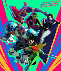 Rule 34 | 2girls, 3girls, beast boy (dc), boots, cape, colored sclera, colored skin, commentary, copyright name, dc comics, english commentary, forehead jewel, green eyes, green hair, green sclera, green skin, grey skin, highres, holding, holding staff, ian su, leotard, long hair, multiple girls, orange skin, purple cape, raven (dc), staff, starfire, superhero costume, tamaranean, teen titans, thigh boots, yellow cape