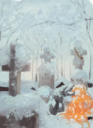 1girl bare_tree closed_eyes formal_clothes grave graveyard grey_pants grey_suit hairband highres ishmael_(project_moon) kneeling lets_lam3nt limbus_company long_hair lying orange_hair outdoors pants project_moon rope scenery snow solo suit tree very_long_hair winter