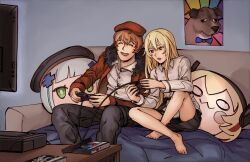 Rule 34 | 1boy, 1girl, :d, blonde hair, casual, commander (girls&#039; frontline), commission, commissioner upload, controller, daytona usa, dog, feet, game console, girls&#039; frontline, green eyes, highres, hk416 (girls&#039; frontline), m4 sopmod ii (girls&#039; frontline), open mouth, pillow, playing games, poster (object), red hair, sardine (feshtail), sega saturn, smile, stg44 (girls&#039; frontline), television
