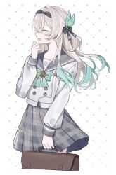1girl absurdres bag black_hairband bow bowtie buttons closed_eyes commentary cowboy_shot cropped_legs double-breasted facing_to_the_side firefly_(honkai:_star_rail) firefly_(spring_missive)_(honkai:_star_rail) gradient_hair green_bow green_bowtie green_hair grey_hair grey_sailor_collar grey_skirt hairband highres holding holding_bag honkai:_star_rail honkai_(series) long_hair long_sleeves multicolored_hair official_alternate_costume open_mouth plaid_bow plaid_bowtie plaid_clothes plaid_skirt pleated_skirt sailor_collar school_bag shirt skirt solo two-tone_hair white_shirt younomiti