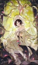 1girl black_hair bonnet branch dress flower full_body hair_flower hair_ornament hat highres holding long_sleeves original pink_flower qian_shushushu red_flower short_hair sitting solo tree watermark white_dress wide_sleeves