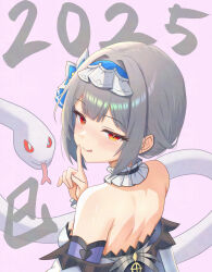 1girl 2025 :q absurdres back bare_shoulders blush breasts byblis_(epic_seven) choker closed_mouth commentary_request epic_seven frilled_choker frills from_behind grey_hair headdress highres index_finger_raised konjou looking_at_viewer looking_back median_furrow nose_blush off_shoulder red_eyes short_hair small_breasts smile snake solo tongue tongue_out upper_body