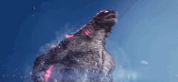 aircraft animated animated_gif blue_sky claws cloud crossover day dinosaur elbow_blade elbow_spikes giant giant_monster gills glowing glowing_eyes glowing_gills glowing_spikes godzilla godzilla_(monsterverse) godzilla_(series) godzilla_evolved godzilla_x_kong:_the_new_empire helicopter ice kaiju king_kong_(series) legendary_pictures monster monsterverse no_humans no_pupils ocean open_mouth pink_eyes roaring sharp_teeth sky snow spikes steam tail teeth toho tongue water