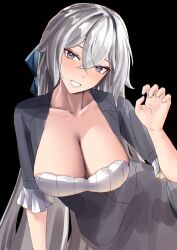 1girl absurdres alternate_costume black_background breasts bronya_zaychik bronya_zaychik_(silverwing:_n-ex) cleavage_cutout clothing_cutout collarbone commentary_request dress grey_dress grey_eyes grey_hair grey_jacket highres honkai_(series) honkai_impact_3rd jacket korean_commentary large_breasts long_hair looking_at_viewer pyeong_il simple_background smile solo very_long_hair