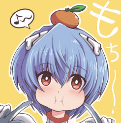 1girl ayanami_rei blue_hair blush bodysuit close-up eyes_visible_through_hair fingers_to_cheeks food food_on_head fruit fruit_on_head fujitaka_nasu hair_between_eyes highres interface_headset_(evangelion) mandarin_orange mecha_pilot_suit musical_note neon_genesis_evangelion object_on_head plugsuit_(evangelion) pointing pointing_at_self puffy_cheeks red_eyes smile solo speech_bubble white_bodysuit yellow_background