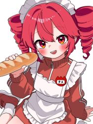1girl alternate_costume apron baguette blush bread drill_hair food frilled_apron frills haru_maron highres holding holding_food jacket jersey_maid kasane_teto looking_at_viewer maid maid_apron maid_headdress name_tag open_mouth red_eyes red_hair red_jacket red_shoes shoes sitting smile socks solo track_jacket twin_drills unconventional_maid utau white_apron white_socks