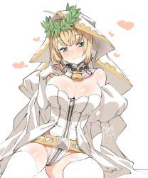 1girl belt blonde_hair blush breasts bridal_veil chain chain_necklace cleavage detached_sleeves elbow_gloves fate/grand_order fate_(series) gloves green_eyes heart jewelry large_breasts laurel_crown leotard lock necklace nero_claudius_(bride) nero_claudius_(bride)_(fate) nero_claudius_(bride)_(third_ascension)_(fate) nero_claudius_(fate) rkrk thighhighs veil