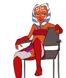 1girl ahsoka_tano alien blue_eyes boots breasts brown_boots brown_gloves brown_shirt brown_skirt chair colored_skin fingerless_gloves gloves grey_thighhighs horns knee_boots loli midriff no_panties orange_skin pussy red_lips shirt sitting skirt small_breasts smile solo star_wars star_wars:_the_clone_wars strapless thighhighs togruta tourbillon tube_top white_background