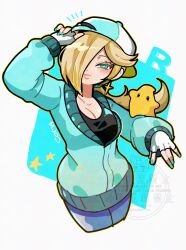 +_+ 1girl backwards_hat black_shirt blonde_hair blue_eyes blue_jacket blue_nails earrings eyelashes fingerless_gloves gloves goma_yammy hair_over_one_eye hat highres jacket jewelry long_hair long_sleeves luma_(mario) mario_(series) mario_kart mario_kart_world nintendo rosalina rosalina_(touring) shirt smile star_(symbol) star_earrings white_gloves