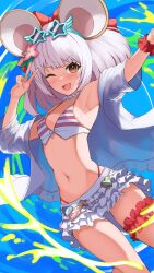 1girl absurdres animal_ears armpits bikini blush bow breasts brown_eyes choker eyewear_on_head fake_animal_ears frilled_choker frilled_thigh_strap frills granblue_fantasy hair_bow highres jacket looking_at_viewer medium_hair miniskirt mouse_ears navel one_eye_closed open_mouth pyonsan scrunchie skirt small_breasts smile solo stomach striped_bikini striped_clothes sunglasses swimsuit thigh_strap v v-shaped_eyebrows vikala_(granblue_fantasy) white_hair white_jacket white_skirt wrist_scrunchie