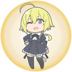 Rule 34 | 1girl, ;d, ahoge, amano soraha, arm at side, assault lily, black ribbon, black skirt, black thighhighs, blonde hair, blue eyes, brown background, brown shoes, chibi, commentary, cropped jacket, frilled skirt, frills, full body, gradient background, hair between eyes, hand on own hip, high-waist skirt, juliet sleeves, leg ribbon, long hair, long sleeves, looking at viewer, low ponytail, lowres, masaki itsuki, miniskirt, neck ribbon, no pupils, one eye closed, open mouth, ponytail, puffy sleeves, ribbon, round image, school uniform, shoes, skirt, smile, solo, standing, thigh ribbon, thighhighs, transparent background, white ribbon, yurigaoka girls academy school uniform, zettai ryouiki