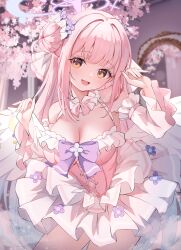1girl :d absurdres alternate_costume bare_shoulders blue_archive blush bow breasts cherry_blossoms cleavage commentary detached_sleeves dress fingernails hair_bun halo head_tilt highres large_breasts long_hair long_sleeves looking_at_viewer mika_(blue_archive) open_mouth pink_dress pink_hair pink_halo pink_sleeves purple_bow smile solo tomo_(tomosa011326) very_long_hair yellow_eyes
