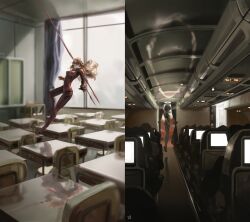 2girls absurdres aircraft airplane airplane_interior ayanami_rei blue_hair bodysuit classroom dana_(ocana_dana) eye_piercing full_body halo highres indoors lance_of_longinus_(evangelion) mecha_pilot_suit multiple_girls neon_genesis_evangelion orange_hair piercing plugsuit_(evangelion) red_bodysuit reflection reflective_surface sitting souryuu_asuka_langley vehicle_focus vehicle_interior white_bodysuit window
