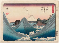19th_century ando_hiroshige bird fine_art_parody flock gradient_sky highres japan landscape mount_fuji mountain mountainous_horizon nihonga no_humans ocean original outdoors parody pink_sky sail scenery sky thirty-six_views_of_mount_fuji_(hiroshige) traditional_media translation_request tree ukiyo-e volcano water waves