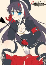 1girl armband asaga_aoi azur_lane belt belt_buckle black_belt black_hat blue_eyes boots breasts buckle character_name cleavage closed_mouth commentary_request covered_erect_nipples deutschland_(azur_lane) grey_hair hand_up hat holding lace-up_boots leg_belt long_hair long_sleeves looking_at_viewer medium_breasts multicolored_hair no_pupils pubic_hair red_hair riding_crop shrug_(clothing) sitting smile solo spread_legs streaked_hair sweat thigh_strap thighs twitter_username very_long_hair white_hair
