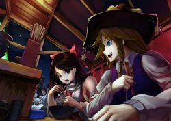 2girls 3boys armpit_hair blonde_hair blush bow breasts brown_hair chopsticks cookie_(touhou) eyebrows green_eyes hair_bow hakurei_reimu highres holding holding_chopsticks hundred-jpy kimura_(coat_corp.) large_breasts long_hair looking_at_another looking_away manatsu_no_yo_no_inmu meme miura_daisenpai multiple_boys multiple_girls neta open_mouth red_bow ruka_(cookie) shiromiya_rei smile star_(symbol) touhou yajuu_senpai