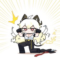 Rule 34 | 1girl, ahoge, arm strap, black choker, black gloves, black horns, black jacket, black pants, black shoes, black tail, blonde hair, breasts, bright pupils, chibi, chibi only, choker, closed mouth, commentary request, curled horns, fire, flame-tipped tail, gloves, hands up, horns, jacket, korean commentary, large breasts, long hair, looking at viewer, mole, mole under eye, necktie, pants, red eyes, red necktie, shirt, shoes, solo, tail, teeny (nonzone), unworn jacket, unworn necktie, white pupils, white shirt, wuthering waves, zani (wuthering waves)