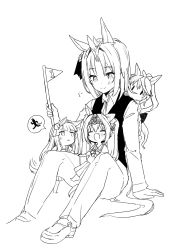4girls :3 absurdres aged_down animal_ears artist_self-insert blunt_bangs bow bowtie child collared_shirt commentary_request ear_ornament fang flag flying_sweatdrops genderswap genderswap_(mtf) greyscale hair_between_eyes hair_bow hair_in_own_mouth hair_intakes hair_ornament hairband highres holding holding_flag horse_ears horse_girl horse_tail long_hair long_sleeves medium_hair monochrome motion_lines multiple_girls open_mouth original pants pleated_skirt puffy_short_sleeves puffy_sleeves sailor_collar sailor_shirt school_uniform shirt shoes short_sleeves sidelocks sketch skin_fang skirt solid_oval_eyes speech_bubble spoken_symbol summer_uniform tail tail_wagging tiara toddler tracen_school_uniform twintails umamusume vest yu&#039;nyanko-chan_(yu&#039;nyanko) yunekoko