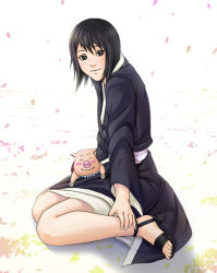 Rule 34 | 1girl, bare legs, black eyes, black hair, black kimono, blush, blush stickers, feet, happy, japanese clothes, kimono, looking at viewer, matching hair/eyes, naruto, naruto (series), pet, petals, pig, shizune (naruto), short hair, sitting, smile, tk (tk&#039;s level4), toes, tonton (naruto), wariza