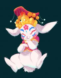 :3 animal closed_eyes closed_mouth clothed_animal commentary english_commentary flower full_body green_background hat joypandaah kyokugen_dasshutsu kyokugen_dasshutsu_adv:_zennin_shibou_desu no_humans pink_flower rabbit red_hat red_shirt shirt simple_background smile solo white_fur zero_iii