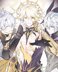 3boys alternate_form antenna_hair black_choker black_cloak black_shirt blonde_hair blue_eyes cheek_pinching choker cloak closed_eyes cracked_skin flame_reaver_of_the_deepest_dark hair_between_eyes halo halo_behind_head highres honkai:_star_rail honkai_(series) hood hood_down hooded_cloak jtrimceski84269 male_focus multiple_boys multiple_persona neck_tattoo one_eye_closed phainon_(honkai:_star_rail) pinching shirt short_hair tattoo torn_clothes torn_shirt white_hair yellow_blood yellow_eyes