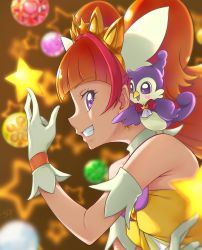 1girl amanogawa_kirara aroma_(go!_princess_precure) bare_shoulders blurry brown_hair chocokin cure_twinkle gloves go!_princess_precure highres long_hair magical_girl multicolored_hair pink_hair precure profile purple_eyes smile star_(symbol) two-tone_hair white_gloves