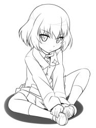 10s 1girl blush female_focus girls_und_panzer greyscale katyusha_(girls_und_panzer) lineart looking_at_viewer military military_uniform monochrome short_hair sitting skirt solo youkan