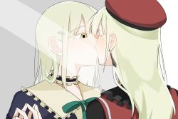 2girls bang_dream! bang_dream!_it&#039;s_mygo!!!!! beret black_cape black_choker blue_dress blush cape choker commentary_request dress dual_persona frilled_choker frills green_hair hat highres kiss korean_commentary kudo_404nf long_hair mirror mortis_(bang_dream!) mortis_(costume)_(bang_dream!) mortis_(persona)_(bang_dream!) multiple_girls red_hat selfcest upper_body wakaba_mutsumi yellow_eyes yuri