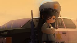 1girl 3d artist_name black_hair blue_archive blue_necktie blue_skirt car collared_shirt commentary crossed_arms english_commentary gun hair_over_one_eye hat highres jacket long_hair long_sleeves looking_at_viewer motor_vehicle necktie peaked_cap plaartwork police police_car police_hat police_uniform policewoman rifle shirt skirt smile sniper_rifle solo valkyrie_police_academy_student_(sr)_(blue_archive) very_long_hair weapon white_shirt