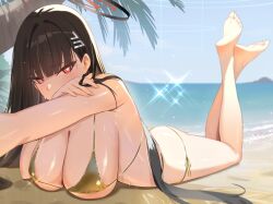 1girl absurdres bare_shoulders beach bikini black_hair blue_archive blush breasts cleavage gold_bikini hair_ornament hairclip halo highres kakumayu large_breasts long_hair looking_at_viewer lying on_stomach red_eyes rio_(blue_archive) solo sparkle swimsuit