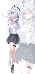 1girl absurdres ahoge animal_ears arm_behind_back black_shoes black_skirt blue_archive blush breast_pocket broken_halo closed_mouth commentary_request cross_hair_ornament full_body grey_eyes grey_hair hair_between_eyes hair_ornament halo hand_up heart highres long_hair looking_at_viewer pleated_skirt pocket shiroko_(blue_archive) shiroko_terror_(blue_archive) shirt shoes skirt spoken_blush thigh_strap wgff4824 white_shirt wolf_ears wolf_girl zoom_layer