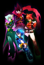 Rule 34 | 1girl, 3boys, aeolus (mega man), atlas (mega man), bad id, bad pixiv id, black background, blue hair, blue outline, brown hair, capcom, colored bangs, full body, green hair, green outline, invisible chair, knee up, mega man (series), mega man zx, mega man zx advent, mri, multiple boys, outline, purple outline, red eyes, red hair, siarnaq (mega man), simple background, sitting, spread legs, standing, thetis (mega man)