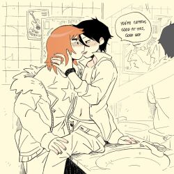 Rule 34 | 2boys, bathroom, black hair, blush, commentary, english commentary, english text, eye contact, fur-trimmed jacket, fur trim, good boy (phrase), indoors, jacket, looking at another, male focus, male underwear, medium hair, multiple boys, on counter, open clothes, open shirt, orange hair, pants, partially colored, poster (object), scott pilgrim, scott pilgrim (series), short hair, sink, speech bubble, underwear, undressing another, wallace wells, yaoi, yuyu uu27