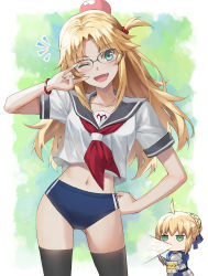 2girls alternate_costume artoria_pendragon_(fate) blonde_hair blue_buruma blush breasts buruma commentary_request fang fate/apocrypha fate/stay_night fate_(series) glasses green_eyes head_bump highres injury long_hair looking_at_viewer mordred_(fate) mordred_(fate/apocrypha) multiple_girls navel neckerchief one_eye_closed open_mouth parted_bangs saber_(fate) sailor_collar school_uniform serafuku shirt sidelocks small_breasts smile spit_take spitting thighs tonee translated white_shirt