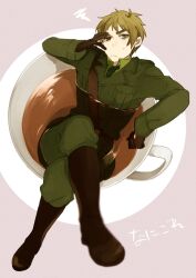 1boy axis_powers_hetalia baggy_pants belt black_boots black_gloves blonde_hair boots breast_pocket brown_belt closed_mouth collared_shirt crossed_legs cup gloves green_eyes green_jacket green_necktie green_pants green_shirt hand_on_own_face hand_up hita_(hitapita) jacket lapels long_sleeves looking_at_viewer looking_up male_focus military_jacket military_uniform necktie non-web_source pants plate pocket purple_background shirt short_hair simple_background sitting solo squiggle sweatdrop tea united_kingdom_(hetalia) v-shaped_eyebrows
