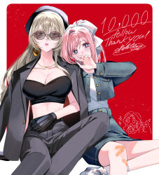 2girls black_jacket black_pants black_suit blonde_hair blue_eyes blue_skirt business_suit denim denim_jacket denim_skirt diana_(akutsuka) formal_clothes genkai_ol-san_wa_akuyaku_reijou-sama_ni_tsukaetai highres jacket jewelry lapis_tenebrae long_hair looking_at_viewer miniskirt multiple_girls natori_midori pant_suit pants pink_hair shirt signature skirt suit suit_jacket sunglasses yuri