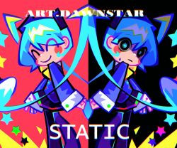 2girls ^_^ aqua_hair artist_name black_background black_eyes black_skirt blue_jacket bow bowtie clone closed_eyes frown glimony hatsune_miku highres jacket multiple_girls pleated_skirt red_background skirt smile song_name split_theme squiggle squiggle_eyes static_(vocaloid) sweatdrop twintails vocaloid yellow_bow yellow_bowtie