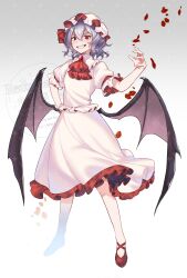 1girl absurdres ascot bat_wings blue_hair dress falling_petals frilled_dress frills hat hat_ribbon highres kodouirasto looking_at_viewer mob_cap petals pink_hat red_ascot red_eyes remilia_scarlet ribbon short_hair simple_background slit_pupils smile solo touhou white_background wings