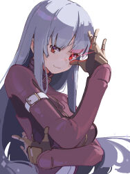 Rule 34 | 1girl, :3, arm belt, blue hair, chuunibyou, commentary request, gauntlets, gloves, highres, jacket, kula diamond, light blue hair, long hair, long sleeves, looking at viewer, ooiwa (irc14786149), purple jacket, red eyes, sidelocks, smile, smug, solo, sparkle, the king of fighters, upper body, white background, yellow gloves