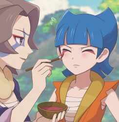 Rule 34 | 2girls, bandaged chest, blue hair, blurry, blurry background, bowl, brown hair, charm (pokemon), closed eyes, closed mouth, coin (pokemon), collarbone, commentary request, day, facepaint, flying sweatdrops, grey eyes, hand up, highres, holding, holding bowl, holding brush, light blush, medium hair, multiple girls, nakikot t, nintendo, outdoors, pokemon, pokemon legends: arceus, vest