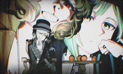 2girls ascot black_coat black_hair black_hat blood boater_hat chair coat collared_shirt double_exposure food fruit grey_eyes grey_hair grin hair_bun hand_on_own_cheek hand_on_own_face hat highres ling_(chaaaaanhikari) long_hair multiple_girls nosebleed on_chair orange_(fruit) portrait red_eyes reverse:1999 round_table schneider_(reverse:1999) shirt short_hair single_side_bun sitting smile table upper_body vertin_(reverse:1999) white_ascot white_shirt